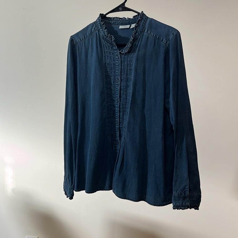 Dark blue denim button up with ruffle details